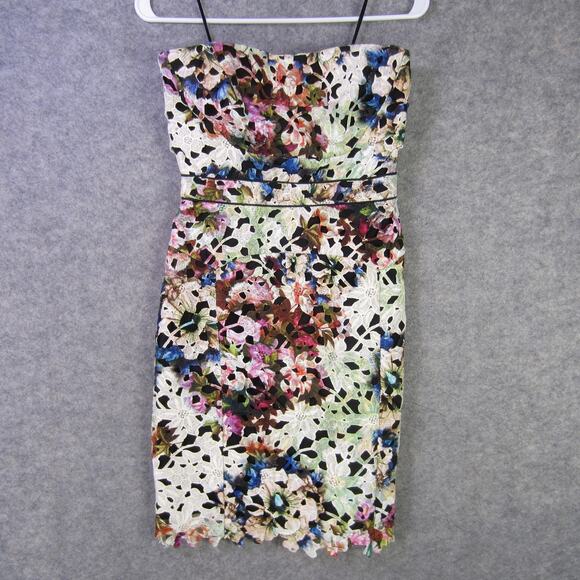 Nicole Miller Sheath Dress Womens 0 Multicolor Floral Lace Strapless Knee Length - Picture 1 of 7